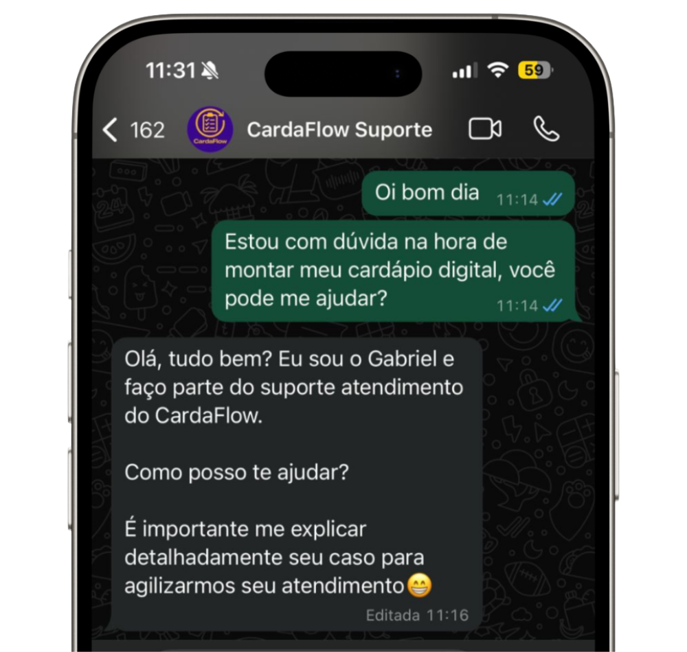 Tela de atendimento de suporte no WhatsApp