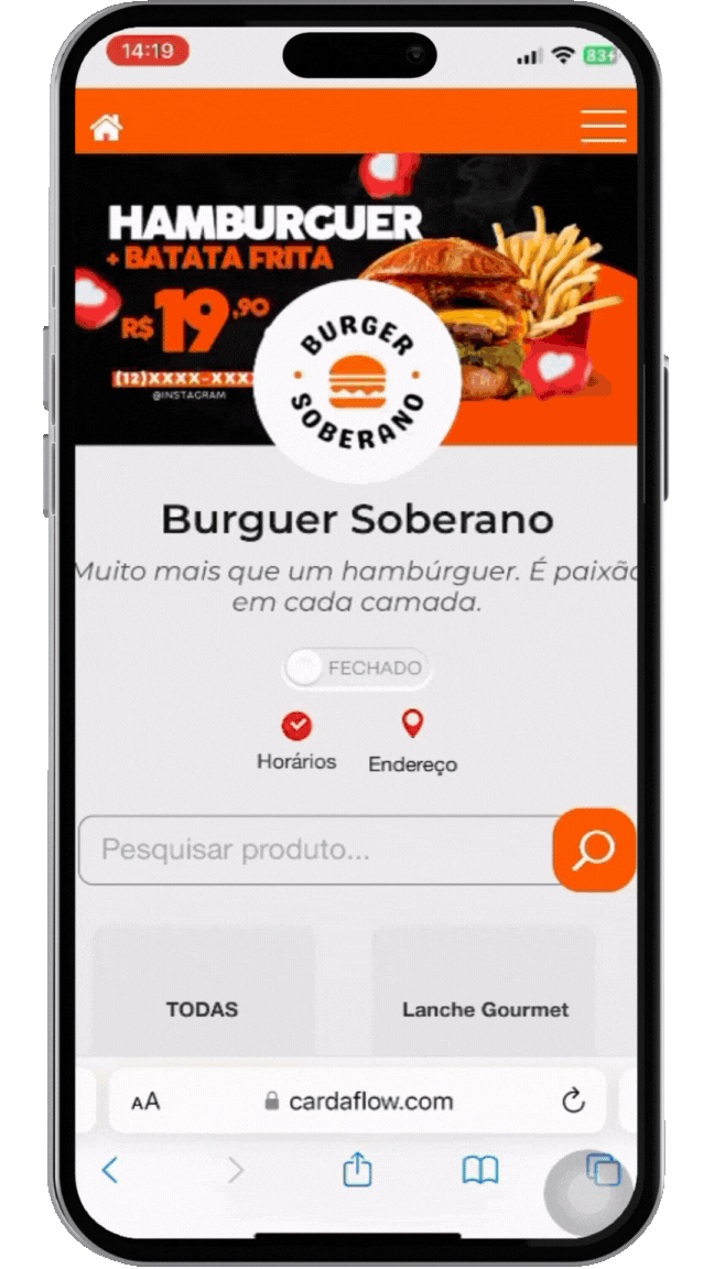 Demonstração do cardápio digital do CardaFlow